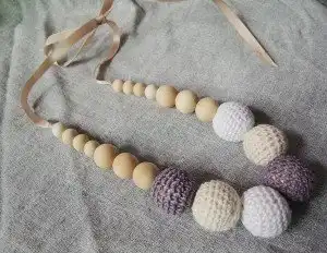 Fade Grey cream white crochet teething necklace wood beads baby toy baby teether necklace NW1706