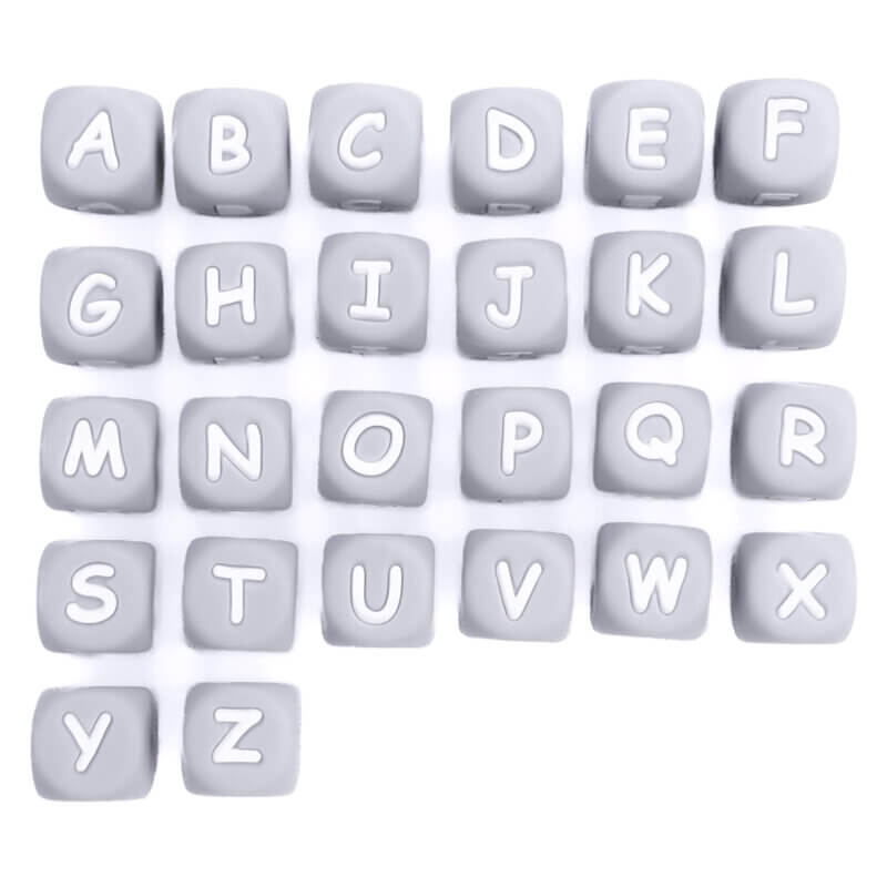 Perles de lettres en silicone gris 12 mm anneau de dentition pour tétine grossiste jouets sans bpa