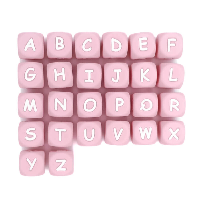 Perles de lettres en silicone rose pêche 12 mm anneau de dentition bpa free wholesale