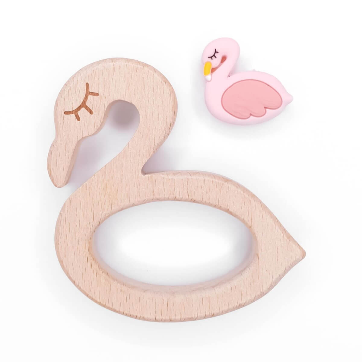 Houten bijtfiguur flamingo met kraal baby veilig