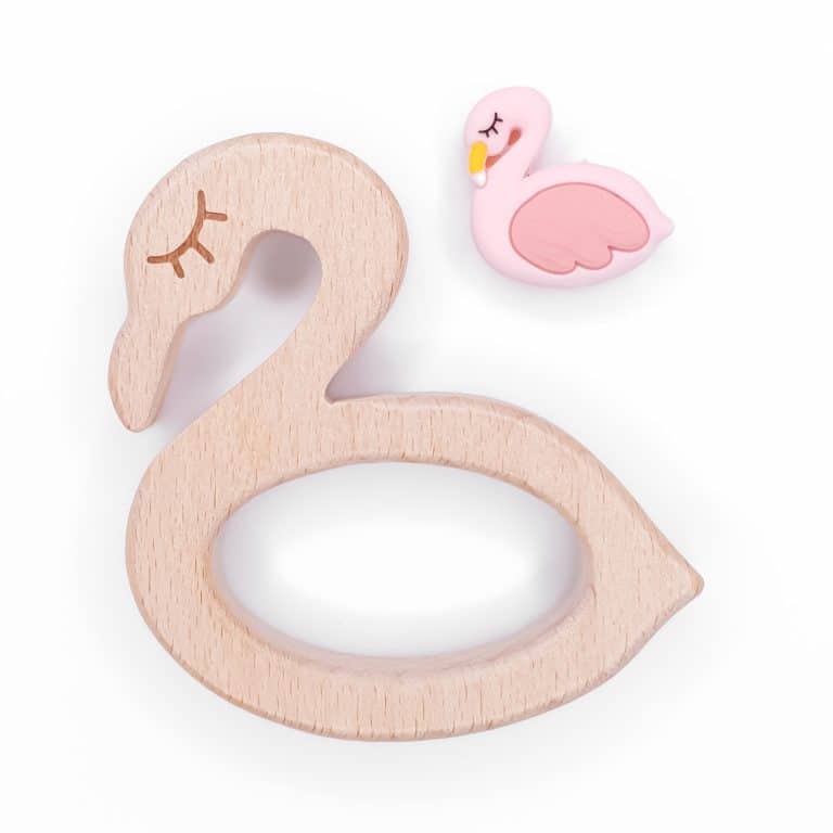 Houten bijtfiguur flamingo met kraal baby veilig