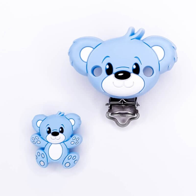 Silicone bead and clip bear blue baby safe pacifier cord