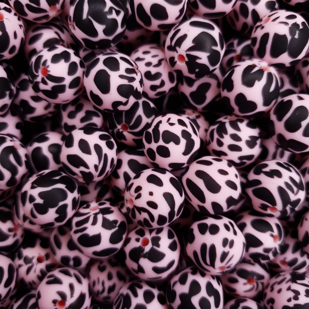 Siliconen kralen koeienvlek dalmatier print perzik roze 15 mm