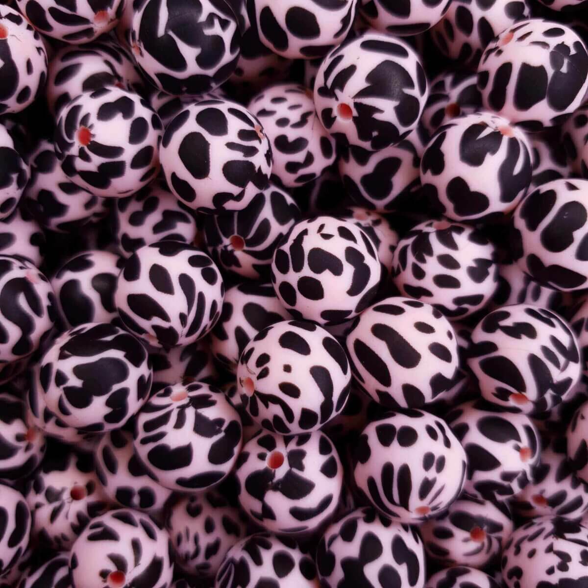 Silicone beads cow spot dalmatian print peach pink 15 mm