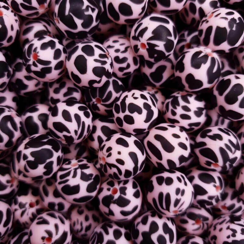 Silicone beads cow spot dalmatian print peach pink 15 mm