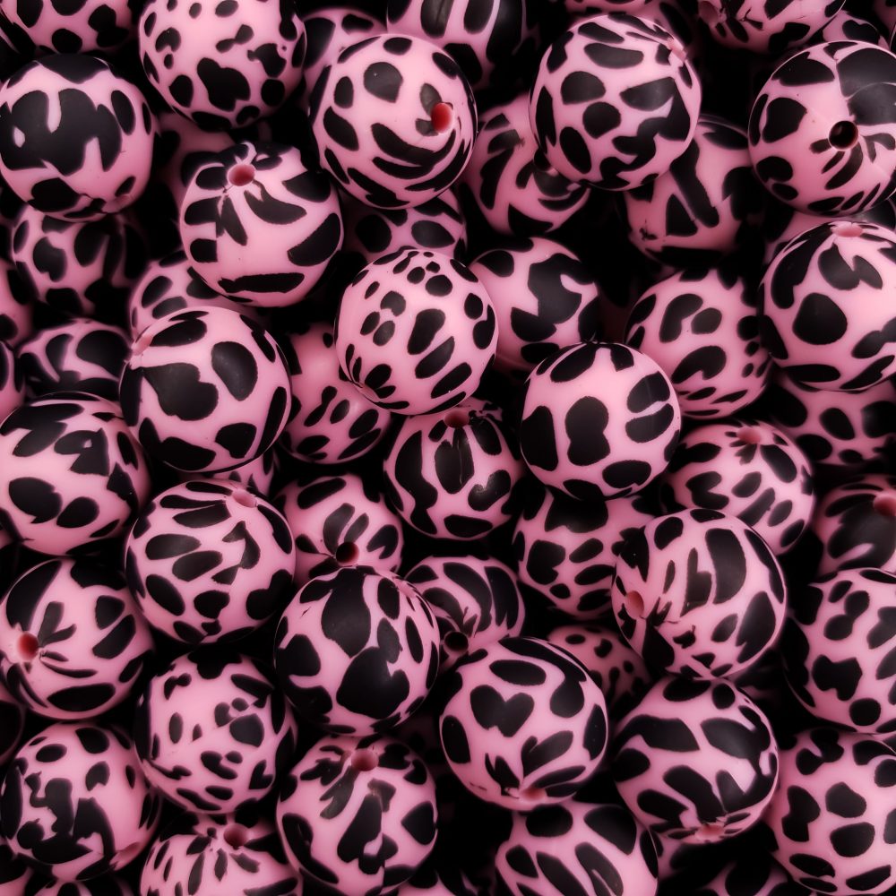 Siliconen kralen koeienvlek dalmatier print framboos roze 15 mm