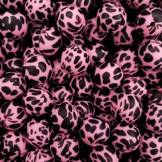 Siliconen kralen koeienvlek dalmatier print framboos roze 15 mm