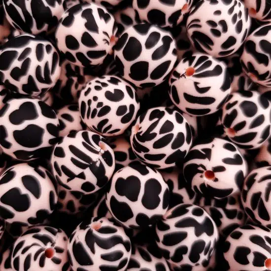 Siliconen kralen koeienvlek dalmatier print licht perzik 15 mm