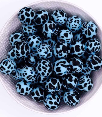 Siliconen kralen dierenprint koeienvlek dalmatier print licht hemelsblauw 15 mm