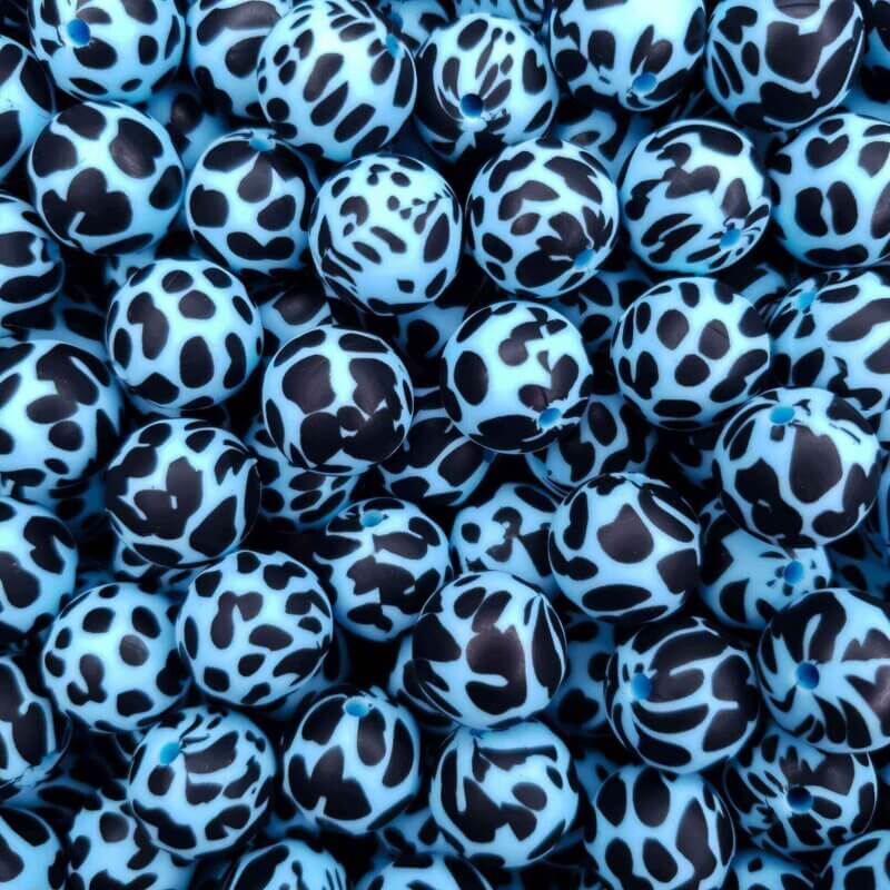 Silicone beads cow spot dalmatian print light sky blue 15 mm