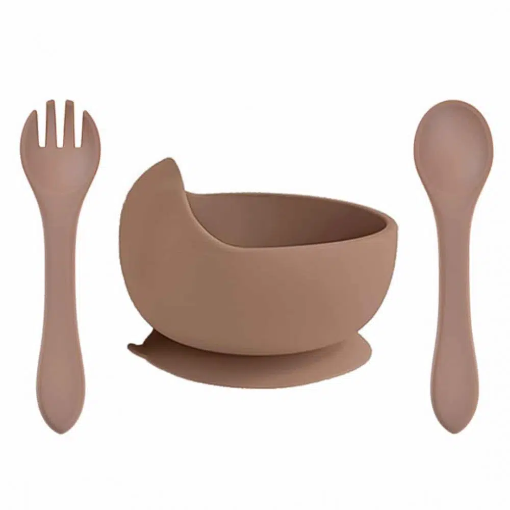 Siliconen kom bestek kinderservies milk chocolate bpa vrij