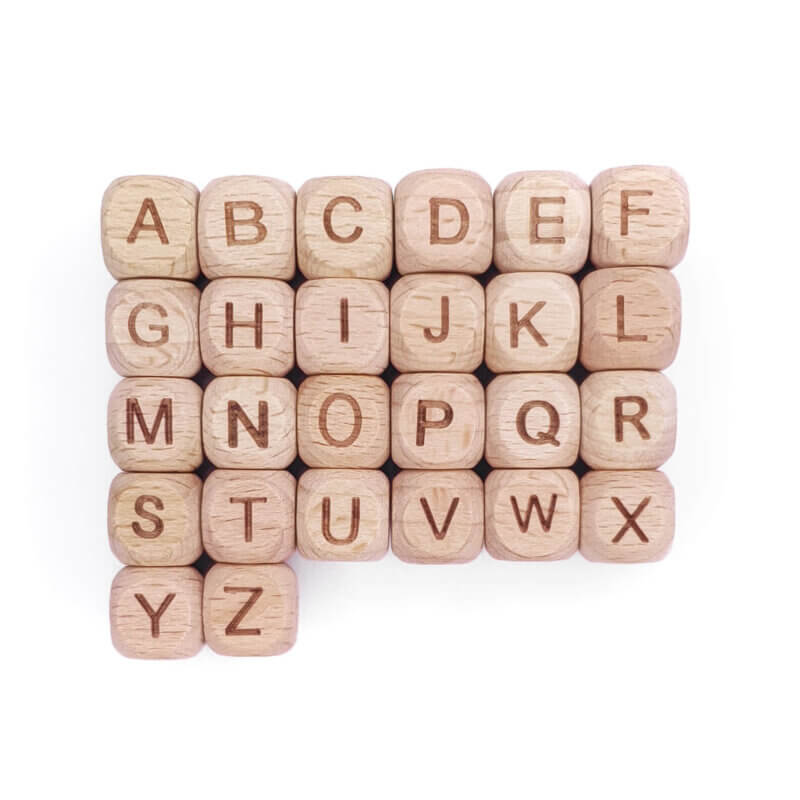 Wooden letter beads 10 mm alphabet pacifier cord teething ring beech wood