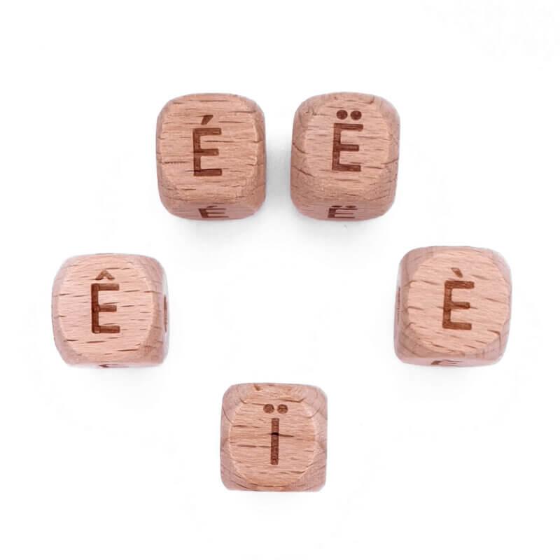 Wooden letter beads Ë É È Ê Ï pacifier cord letter characters