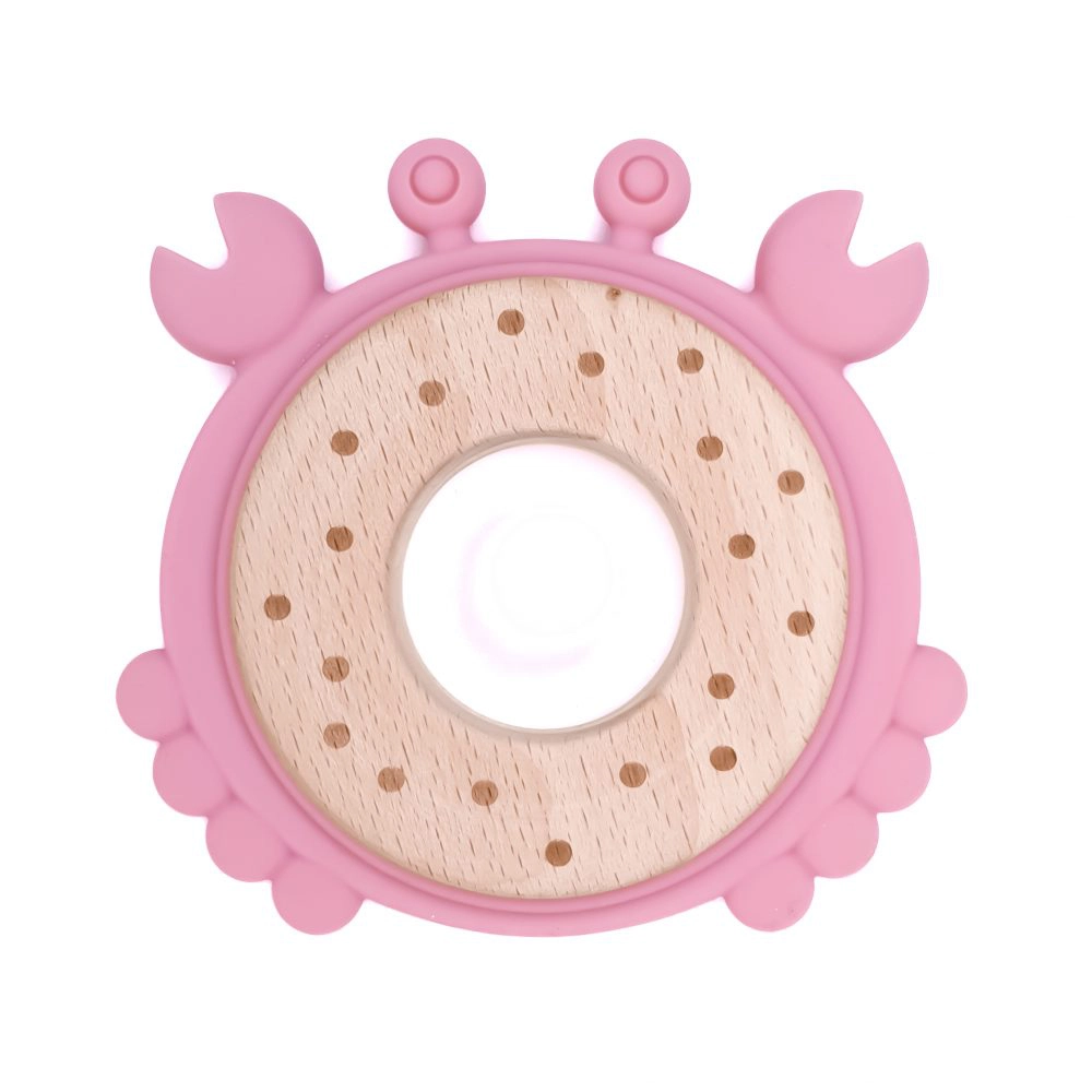 Siliconen bijtfiguur met hout krab siliconen framboos roze bpa vrij