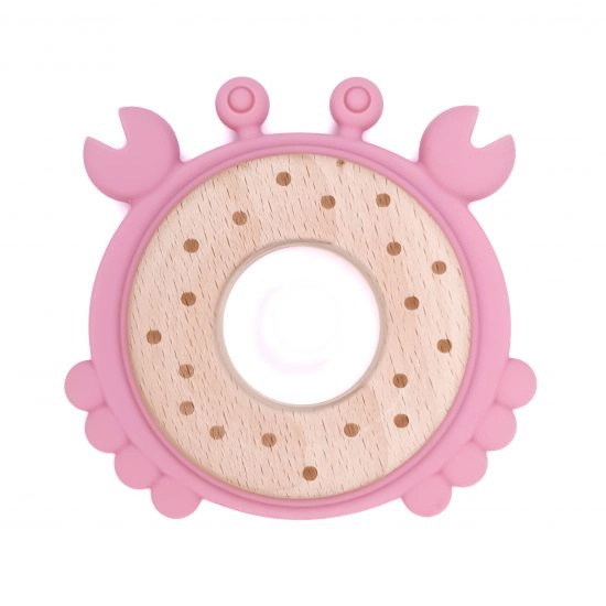 Siliconen bijtfiguur met hout krab siliconen framboos roze bpa vrij