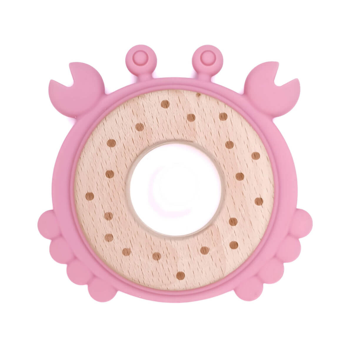 Silicone teething figure with wood crab silicone raspberry pink bpa free