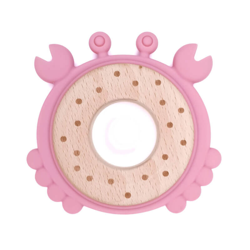 Silicone teething figure with wood crab silicone raspberry pink bpa free