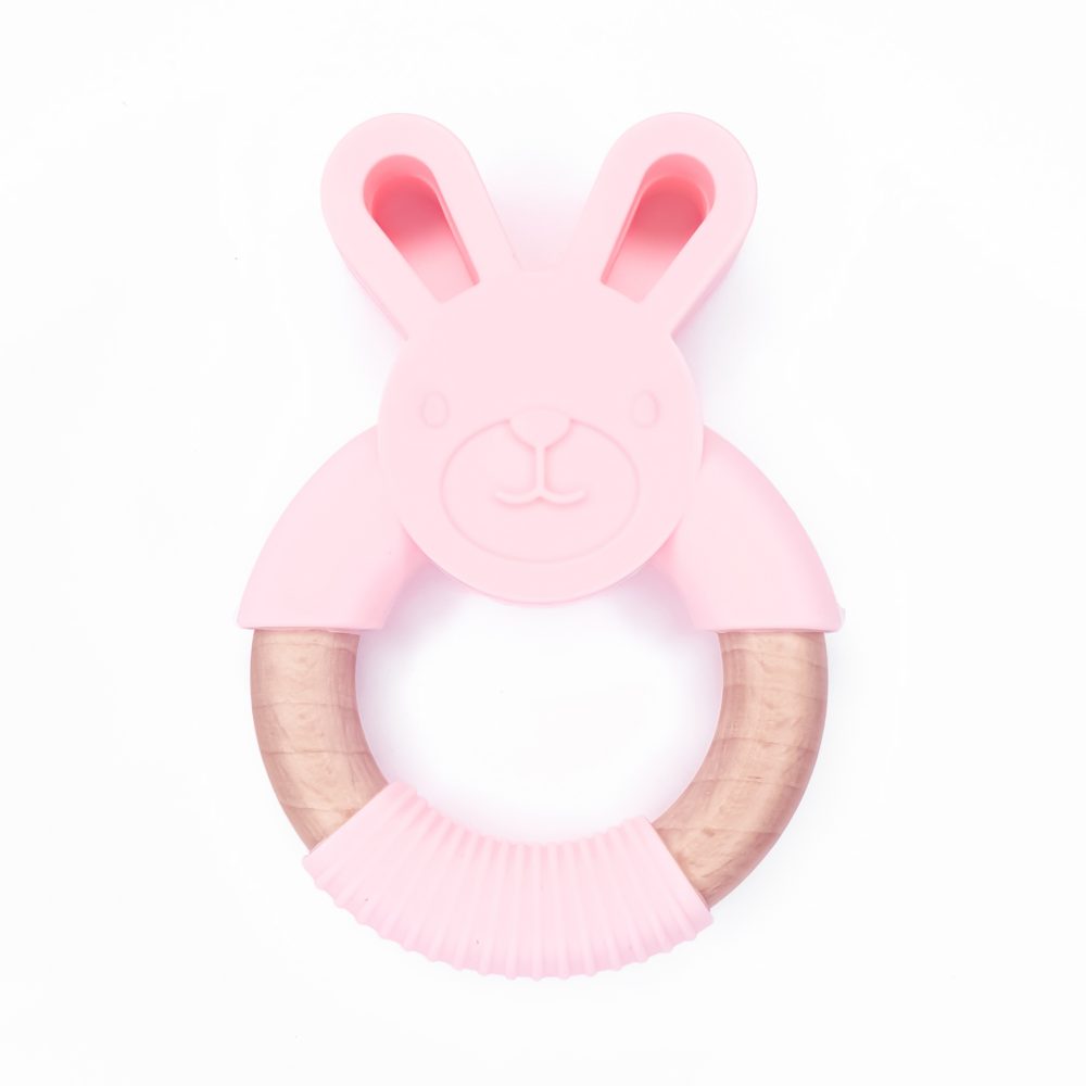 Siliconen bijtfiguur - konijn - Op beuken Ring - Perzik Roze