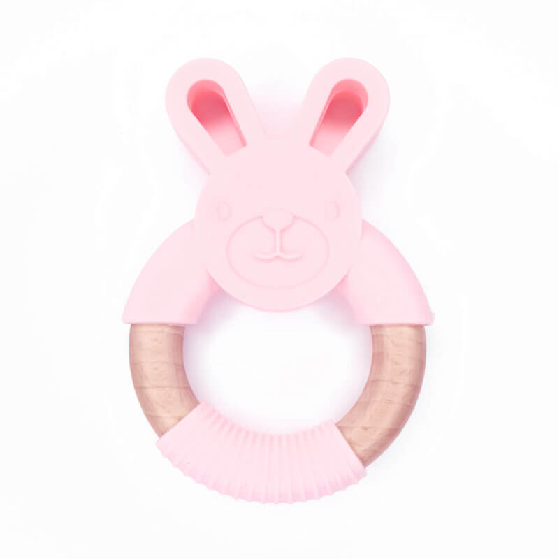Silicone teething figure - rabbit - On beech ring - Peach Pink