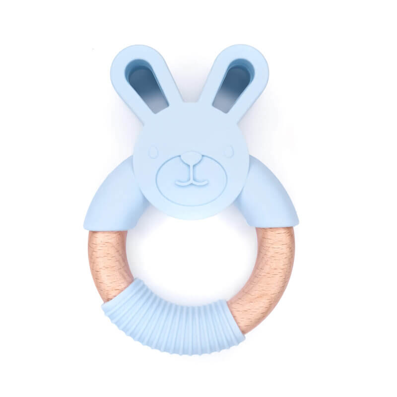 Silicone teething figure - rabbit - On beech ring - Light Powder Blue