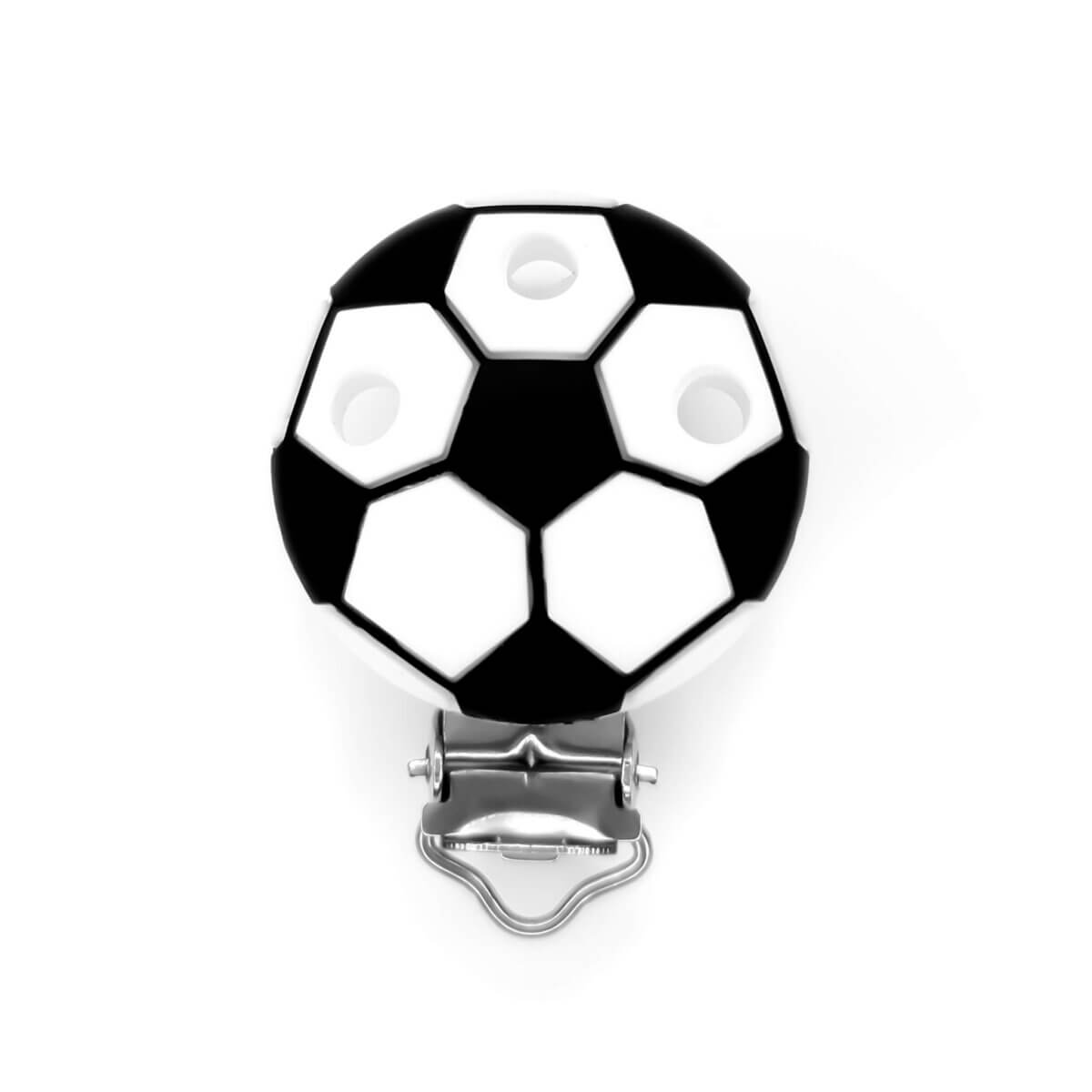 Siliconen speenclip - Voetbal Materiaal: zoals altijd BPA-vrij, PVC-vrij, ftalaat-vrij en overige giffen vrij siliconen 100% kindveilig, CE-gecertificeerd Conform NEN- norm 12586 Stevige clip met plastic insert. Jootjes Haakcadeautjes