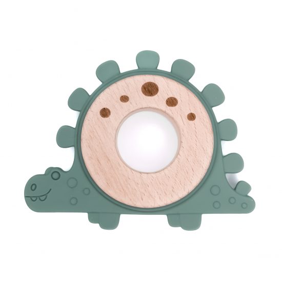 Siliconen bijtfiguur met hout dinosaurus siliconen donker tijm bpa vrij