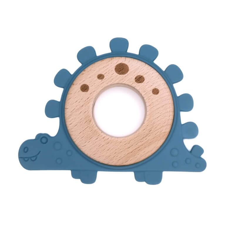 Teething Figure - Silicone and Wood - Dinosaur - Graying Petrol