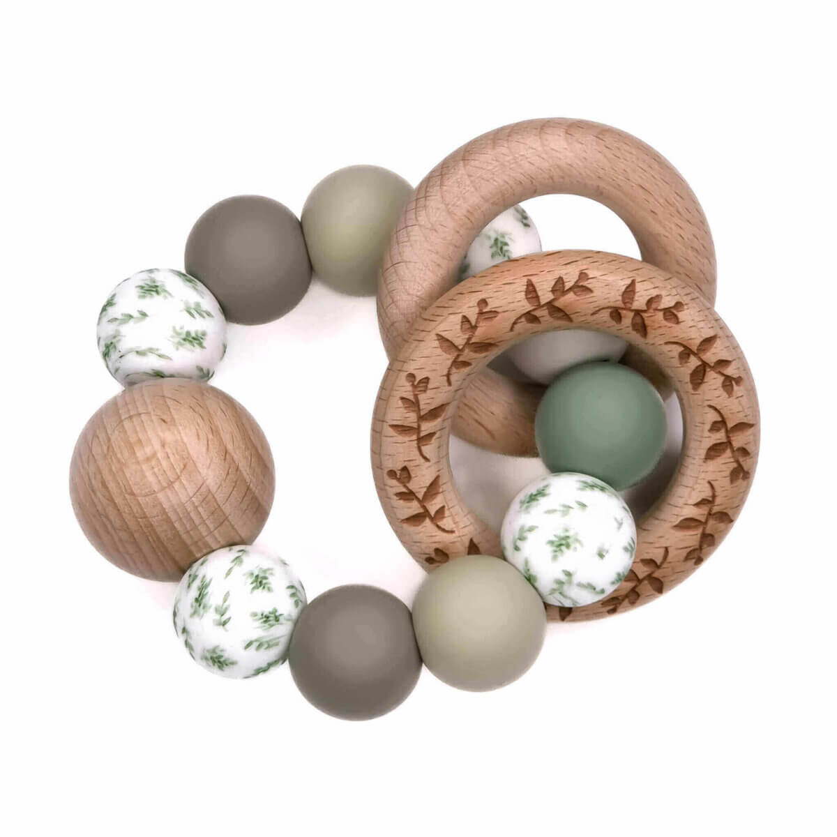 <ul> <li>Houten ringen van beukenhout formaat 5,5 cm.</li> <li>Gegraveerd met afbeelding olijftak / leaves</li> <li>Hoge kwaliteit baby veilig beukenhout</li> <li>Veilig volgens EN-71 en vrij van formaldehyde</li> </ul> Jootjes Haakcadeautjes