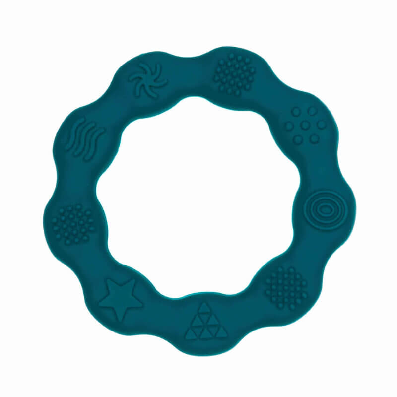 Teething ring silicone embossed round multiple shapes pacifier cord teething ring bpa free wholesale dark teal