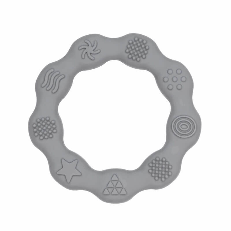 Teething ring silicone embossed round multiple shapes pacifier cord teething ring bpa free wholesale dark gray