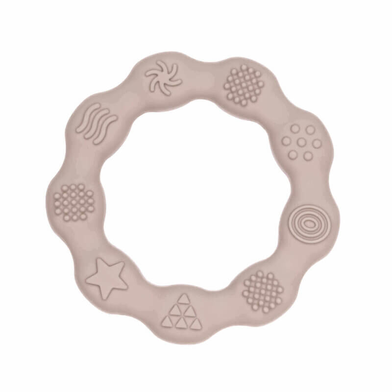Teething ring silicone embossed round multiple shapes pacifier cord teething ring bpa free wholesale taupe