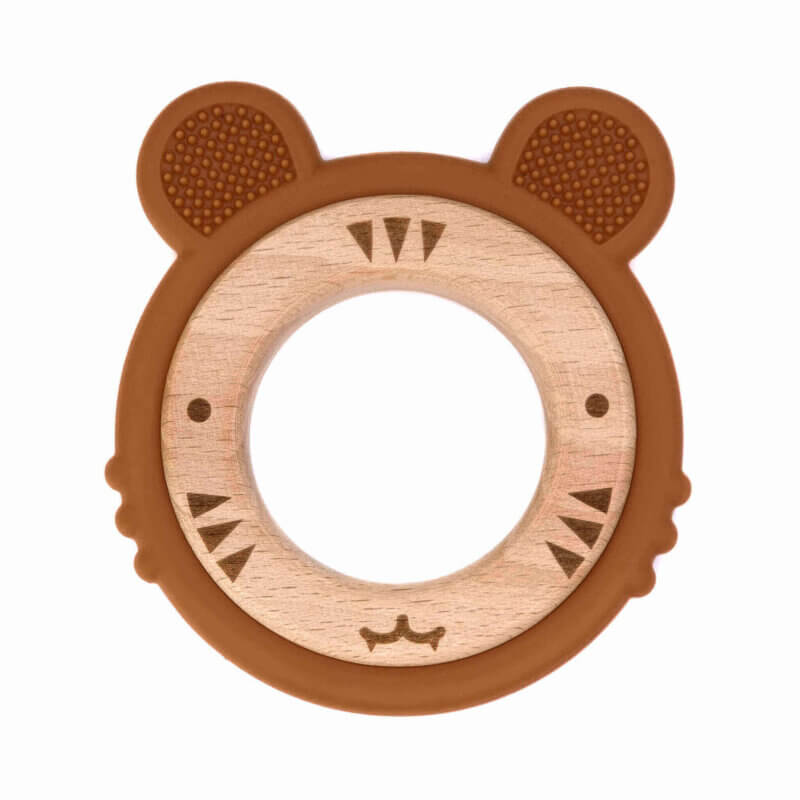 Silicone teething figure teething ring wood tiger brown cinnamon wholesale bpa free pacifier cord