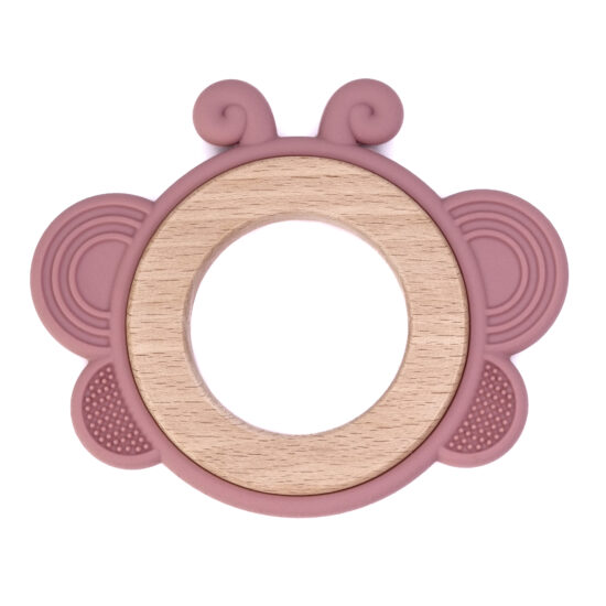 Siliconen bijtfiguur bijtring vlinder dark rose hout speenkoord groothandel