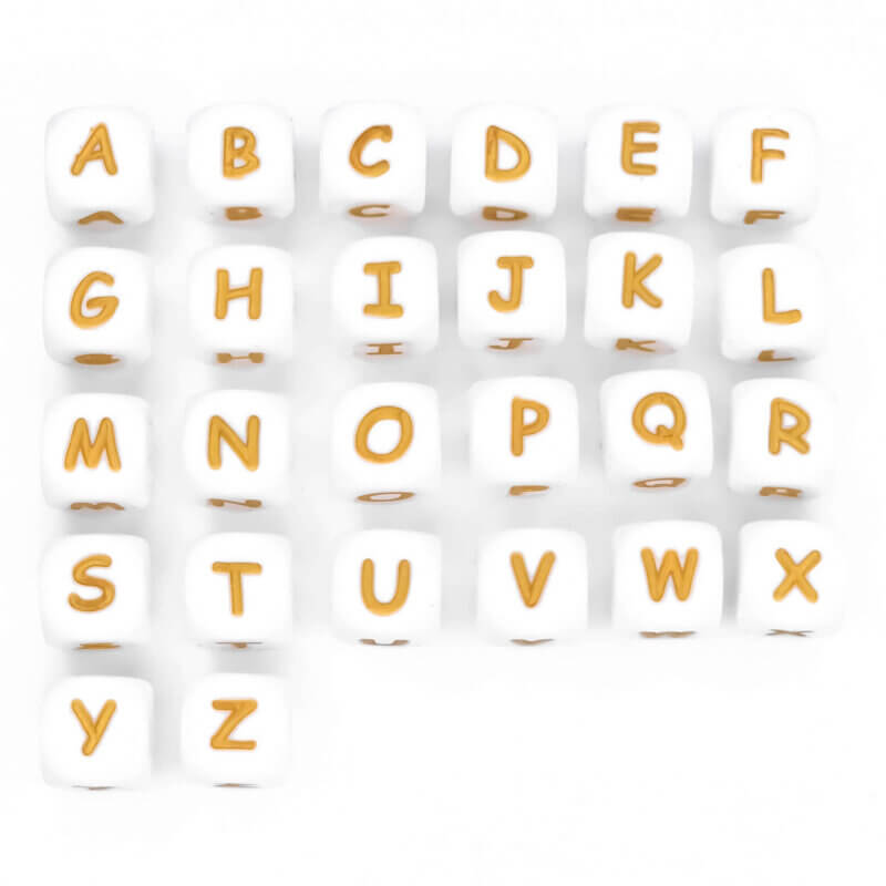 Silicone letter beads white gold alphabet pacifier cord teething ring bpa free