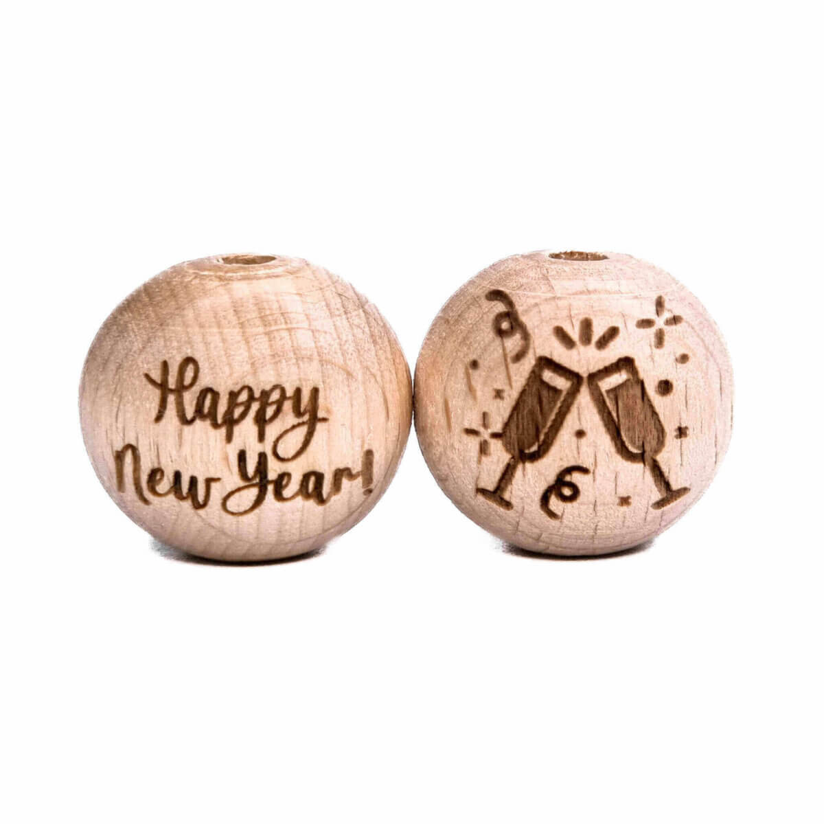 Houten kralen gelaserd happy new year laser groothandel speenkoord bijtring