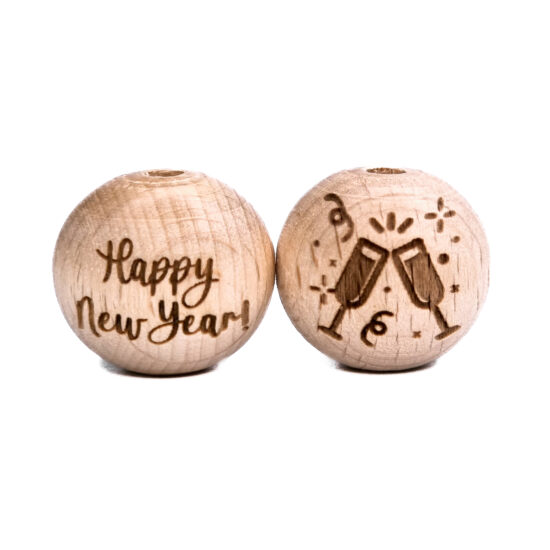 Houten kralen gelaserd happy new year laser groothandel speenkoord bijtring