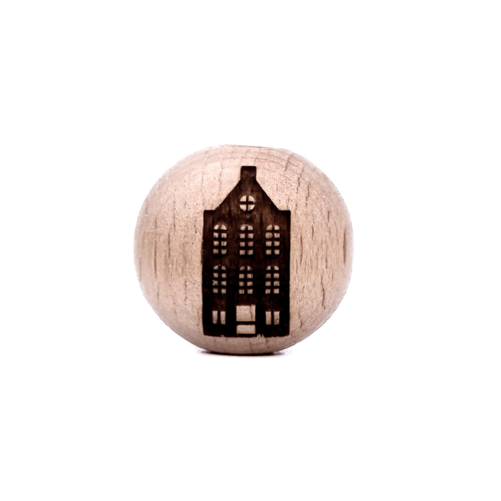 Houten kralen gegraveerd gelaserd zaanse huizen grachten pand laser groothandel speenkoord bijtring