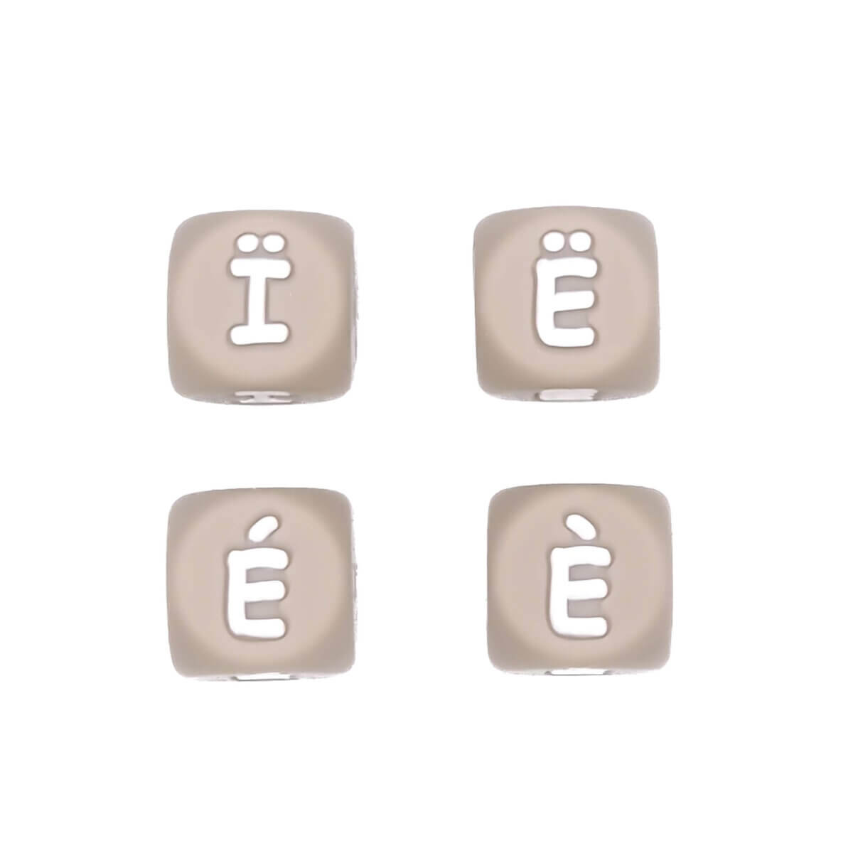 Perles de lettres en silicone Ë, É et Ï taupe noix de coco perles de lettres de 12 mm