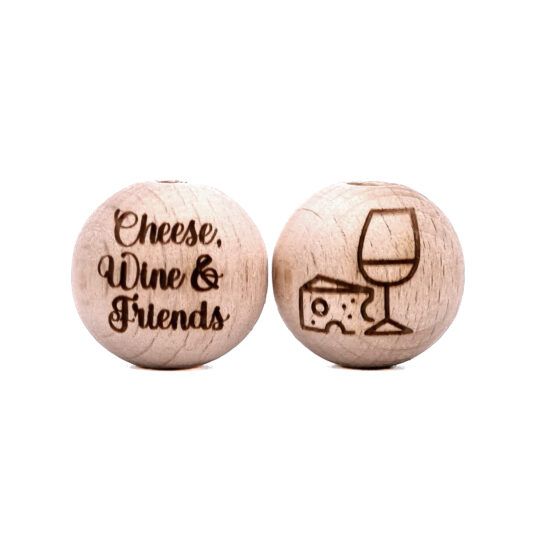 Gegraveerde beukenhouten kraal cheese wine friends brandits laser groothandel speenkoord bijtring sleutelhanger flesopener wijnstopper