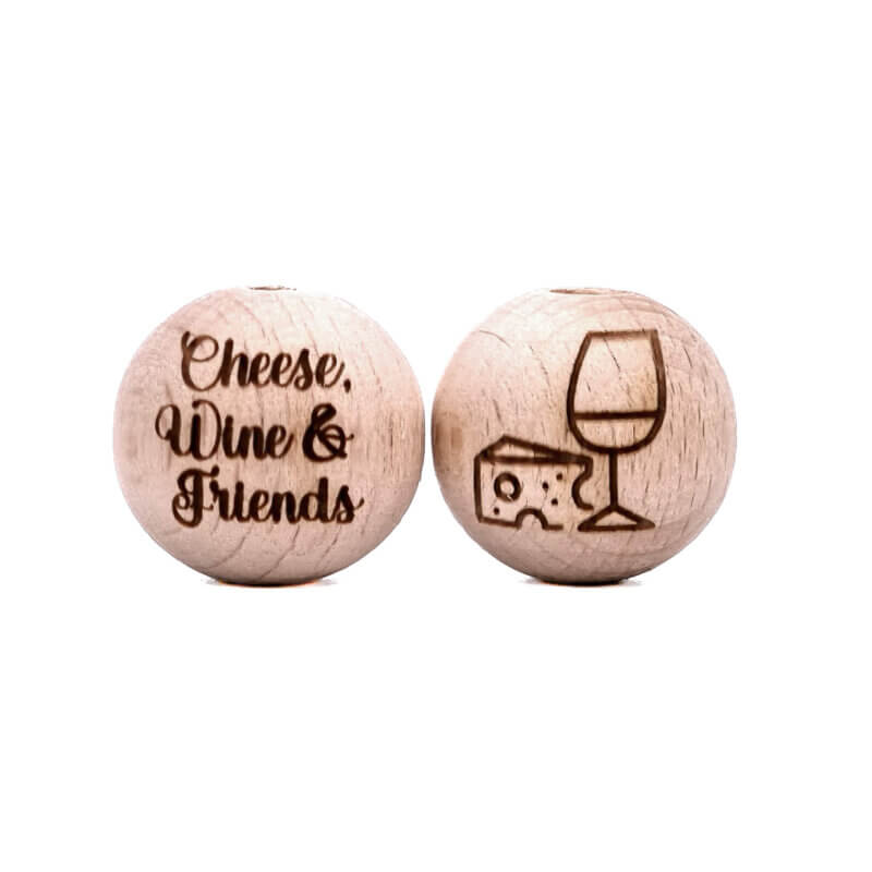 Gegraveerde beukenhouten kraal cheese wine friends brandits laser groothandel speenkoord bijtring sleutelhanger flesopener wijnstopper