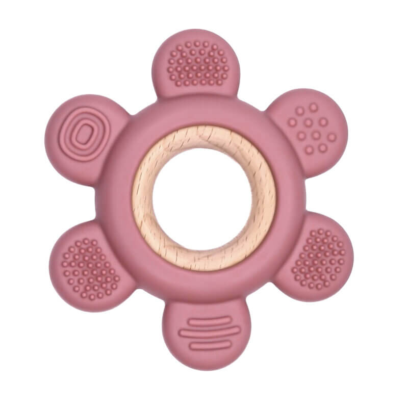 Siliconen bijtfiguur hout bloem dark rose baby veilig bpa vrij