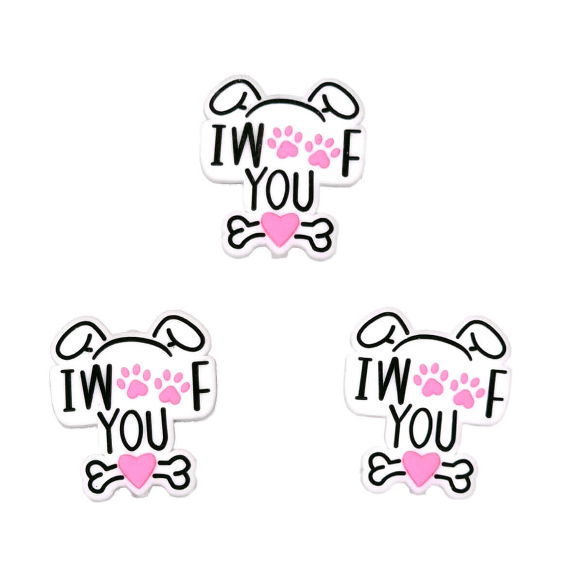 Kleurcode: I Woof You Formaat: circa 1,5 x 2,5 cm - Verkocht per stuk - BPA-, Ftalaten-, Lood-, PVC- en Gif-vrij - Geschikt voor CE-gecertificeerd eindproduct - Medische kwaliteit siliconen kralen - Koelbaar in de koelkast - Vaatwasser bestendig Jootjes Haakcadeautjes