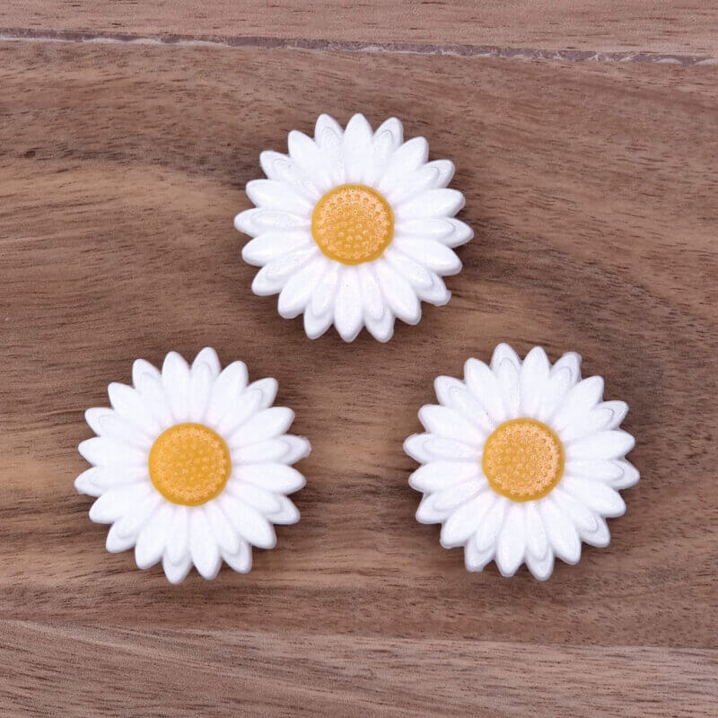 Siliconen  Kraal - Bloemetje/Daisy - 30 mm - Wit / Zon Geel Parel Print