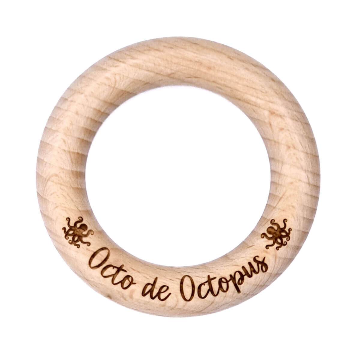 Houten ring gegraveerd met tekst baby octo de octopus bijtring speenkoord muziekdoosje 7 cm