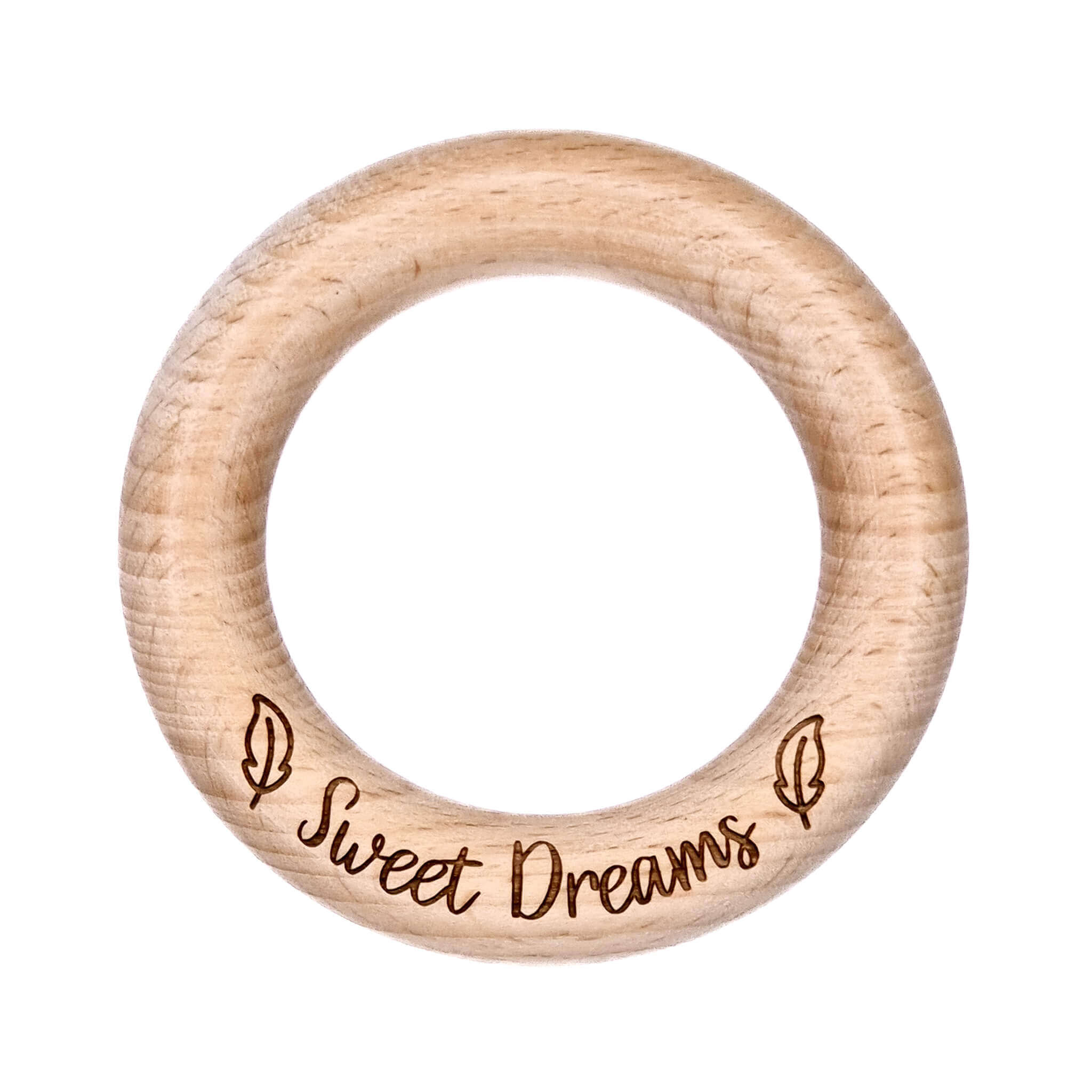 Houten ring gegraveerd met tekst baby hobbelpaardje sweet dreams bijtring speenkoord muziekdoosje 7 cm