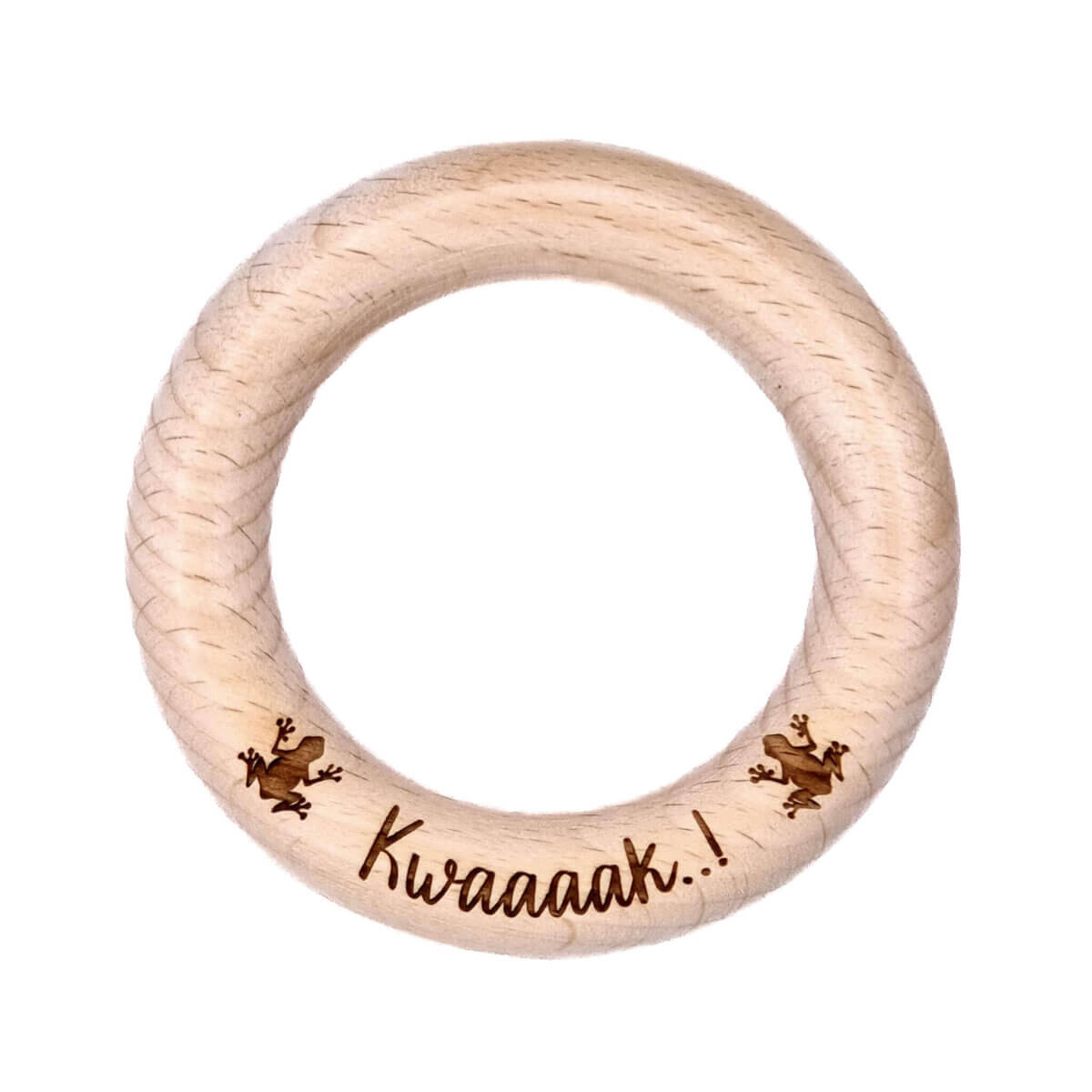 Holzring mit eingraviertem Text Babyquak Frosch Beißring Schnuller Schnur Spieluhr 7 cm