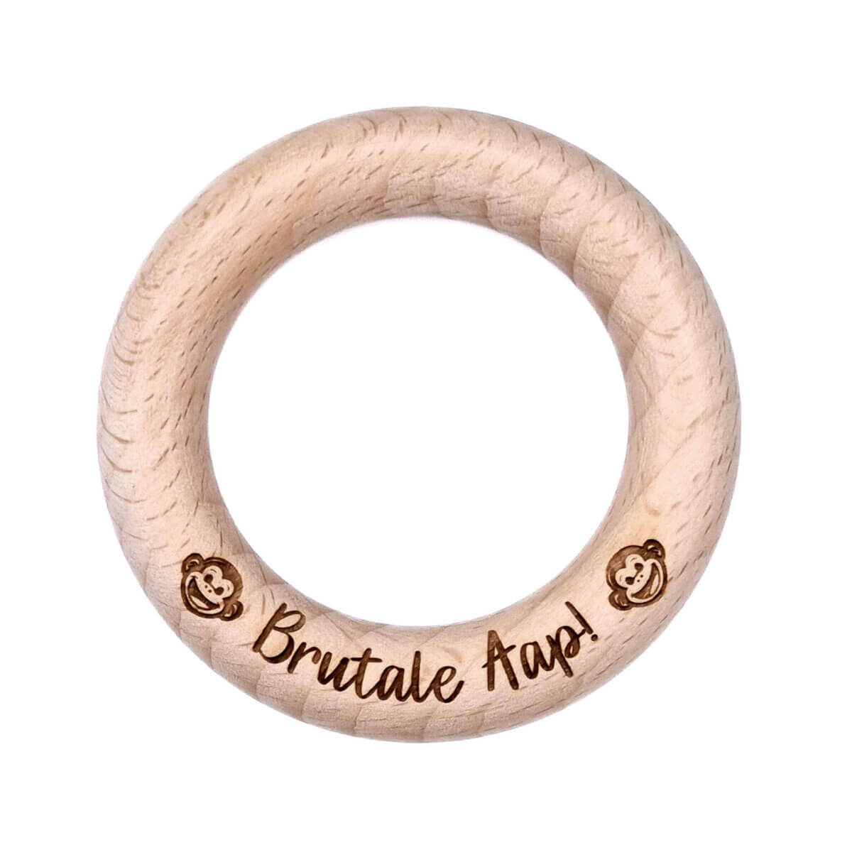 Wooden ring engraved with text baby cheeky monkey teething ring pacifier cord music box 7 cm