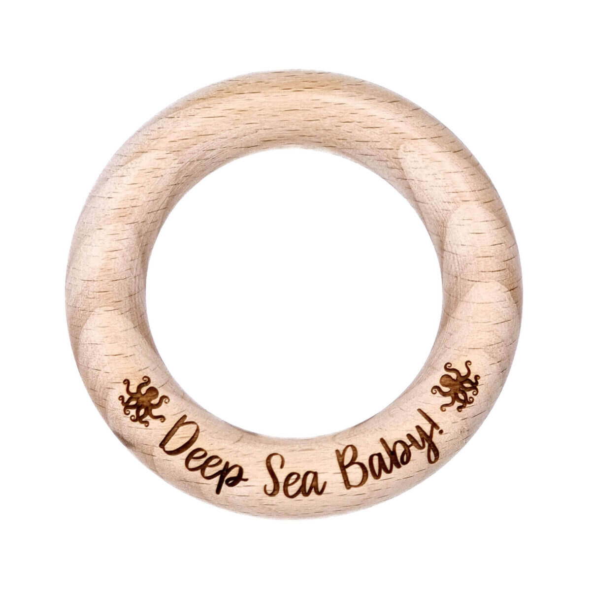 Houten ring gegraveerd met tekst baby deep sea baby octopus bijtring speenkoord muziekdoosje 7 cm