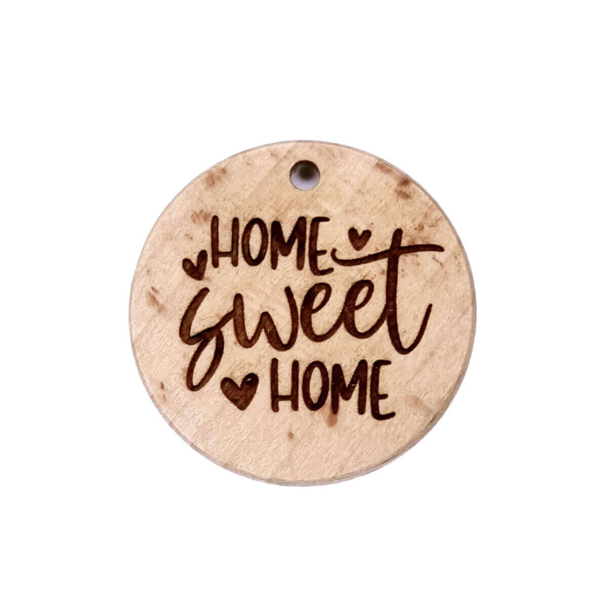 <ul> <li>Wooden disc - 36 mm</li> <li>Engraved with text Home Sweet Home</li> <li>Hole at the top of the disc, through and through.</li> <li>High quality beech wood</li>
</ul>
Perfect for on key chains and other DIY creative creations. Jootjes Haakcadeautjes
