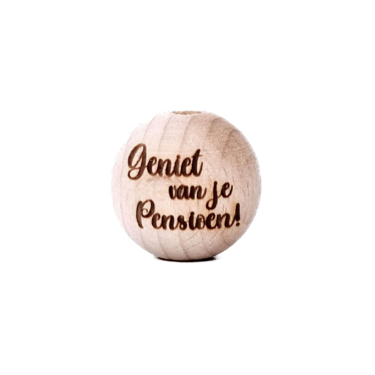 <ul> <li>Wooden beads made of beech wood in size 20 mm.</li> <li>Engraved with text Enjoy your Retirement!</li> <li>Hole from top to bottom</li> <li>High quality baby safe beech wood</li> <li>Safe according to EN-71 and free of formaldehyde</li>
</ul>
Perfect for use on our wine stoppers, key chains, bottle openers, pacifiers, coat hangers, pacifier cords, teething rings and more. Jootjes Haakcadeautjes
